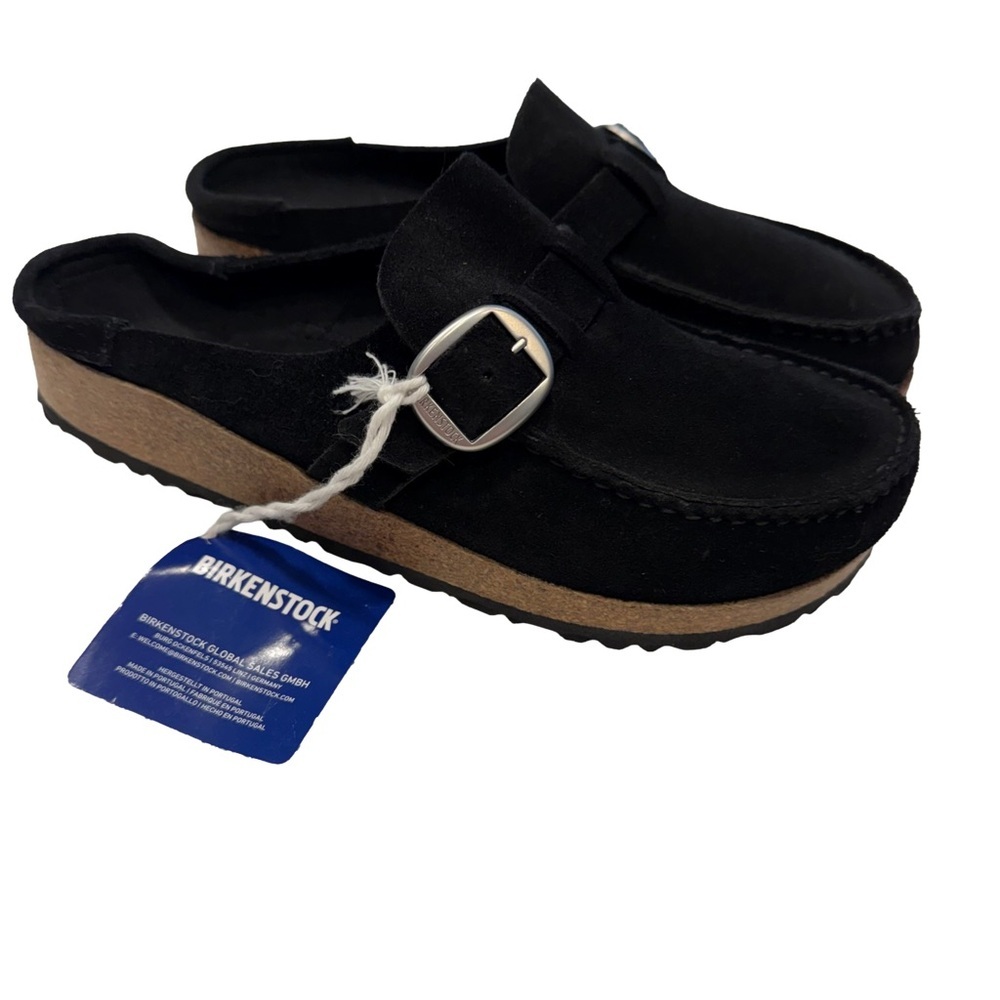 Birkenstock Buckley Black Suede Clog Adj Strap  Silver Buckle Sz US 7 EU 38 NEW